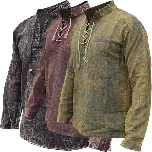 Mens Hemp Cotton Lace Up V Neck Grandad Shirt