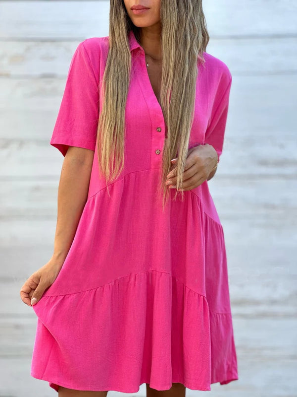 Women's loose, plain, casual short-sleeved polyester dress with lapels